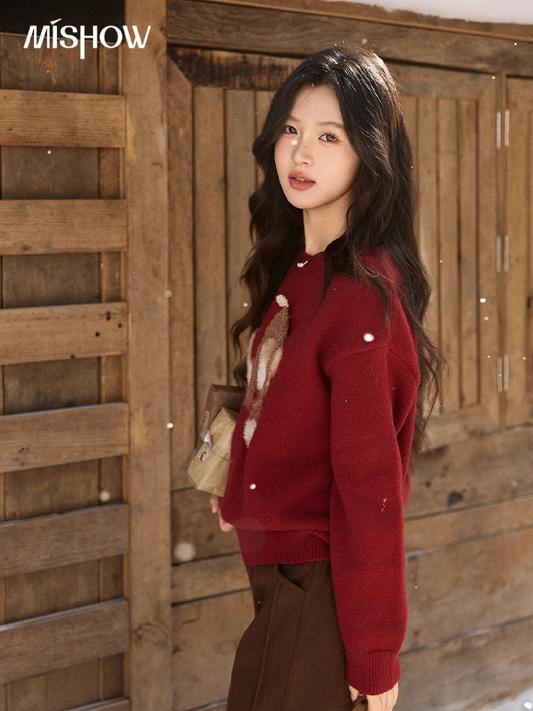 MISHOW New Year Women's Red Knitted Sweater 2025 Autumn Winter Dog Pattern Crew Neck sweaters Warm Loose Pullover Top MXE93Z2811