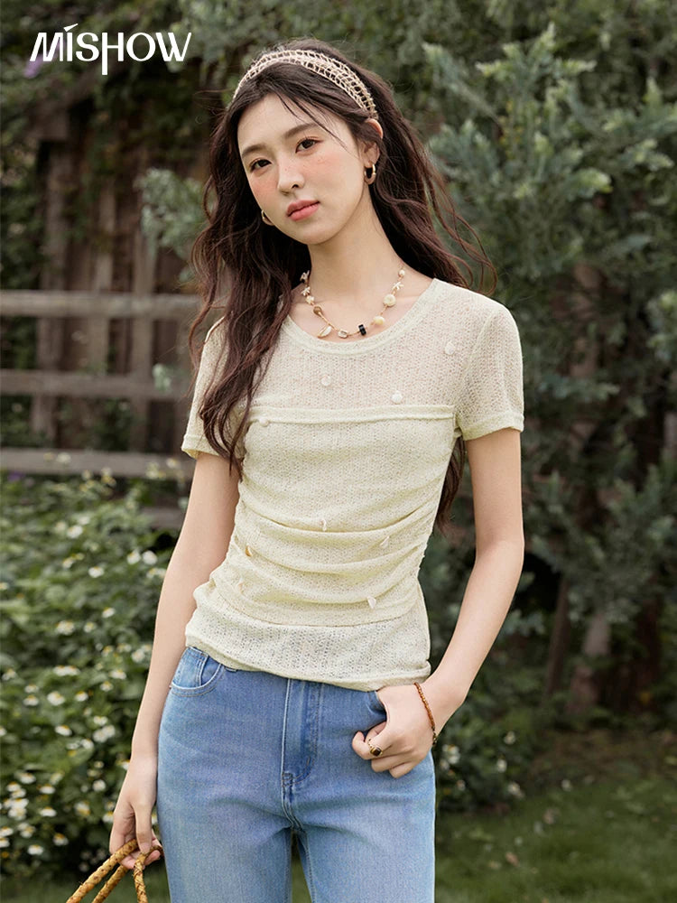 MISHOW Solid Office Lady Summer Shirts for Women 2025 New Short Sleeve Round Neck Knitted T-shirt Female Fashion Slim MXE32Z1232