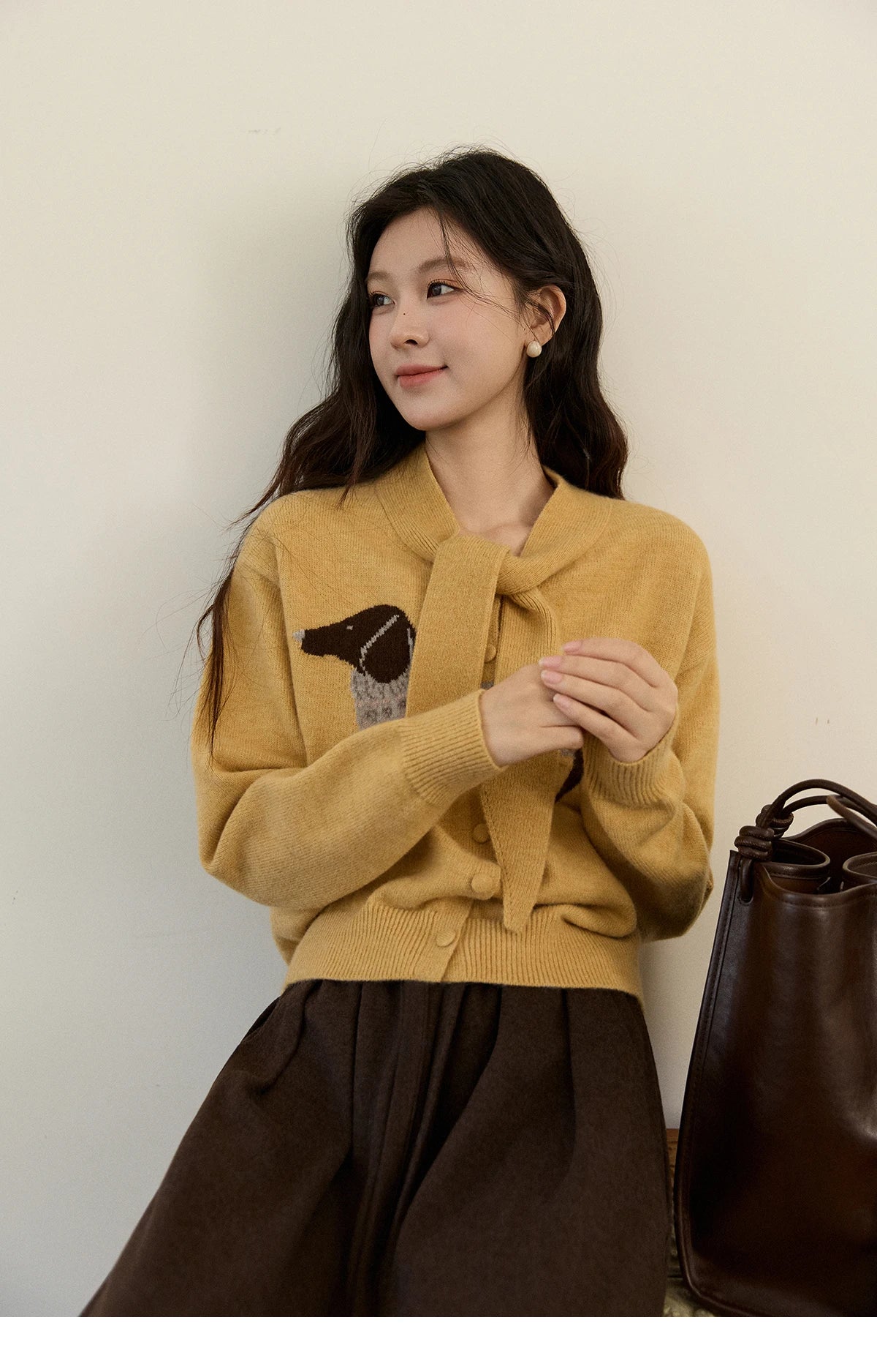 MISHOW Women's Pink Knit Cardigan 2025 Autumn Winter Dachshund Pattern Bow Collar Sweaters Single-breasted Loose Tops MXE94Z2997