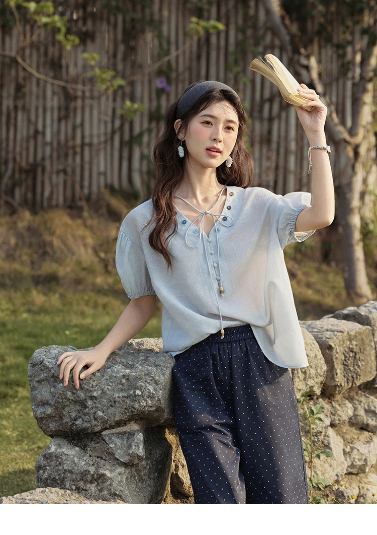 MISHOW French Summer Blouses Women Solid Short Puff Sleeve V-neck Lace-up Design Shirts Female Fashion Straight Tops MXE33X1743