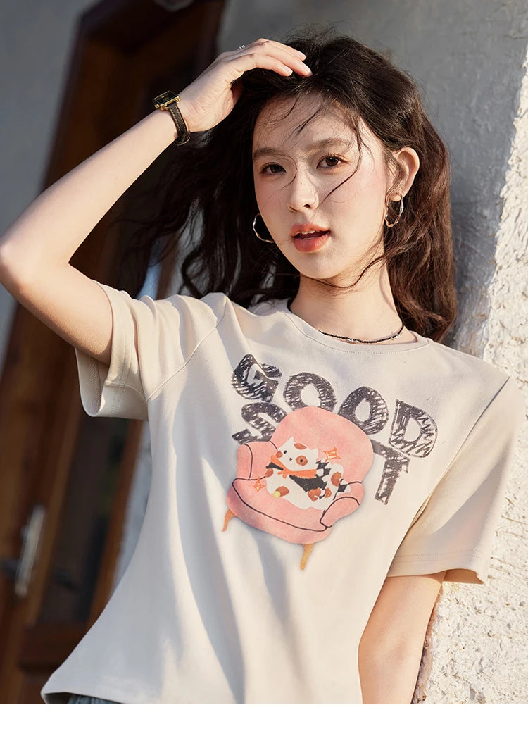 MISHOW Printed Cotton T-shirts for Women Spring 2025 Loose Slim Short Round Neck Tees Versatile Soft Casual Tops MXE13T0461