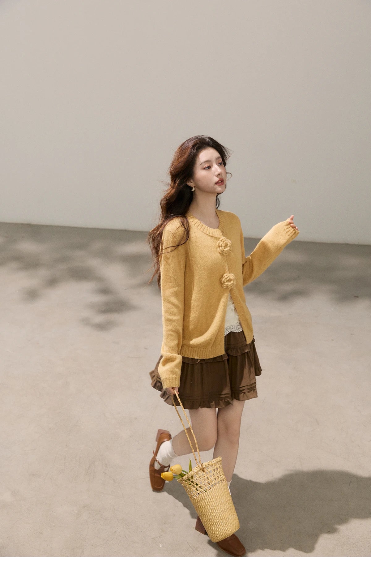 MISHOW Women's Flower Decor Mohair Fork Knit Cardigan 2026 Spring Crew Neck Long Sleeve Tops Casual Solid Sweater MXF15Z3051