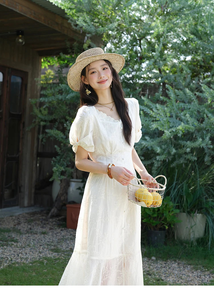 Mishow V-Neck Lace Embroidery Puff Sleeve Dress MXE39L2432