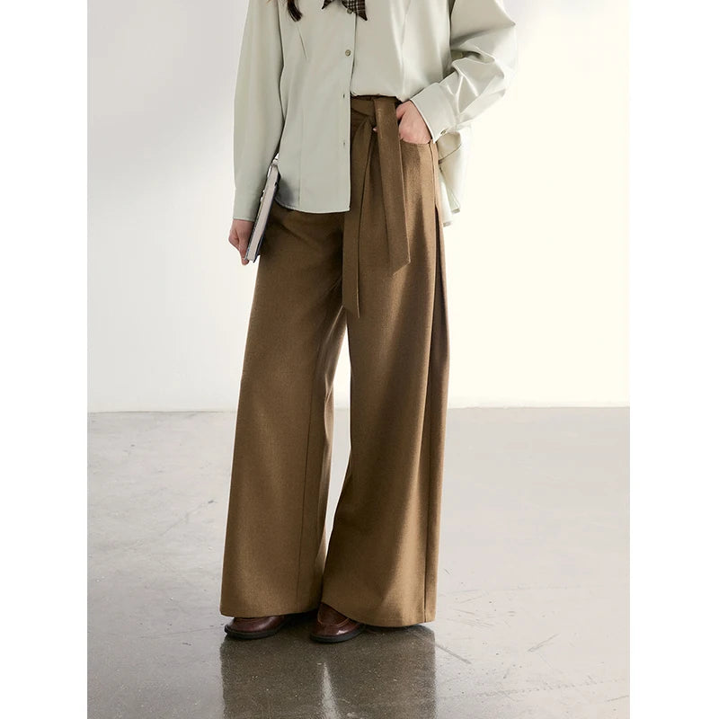 MISHOW Women's Strap Design Brown Wide Leg Pants Spring High Waist Back Elastic Waist Pants Casual Loose Trousers MXF11K1134