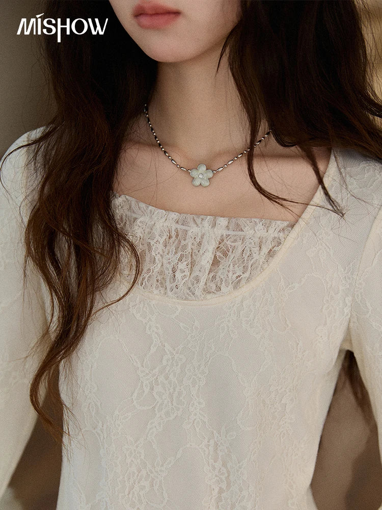 MISHOW Women Long Sleeve Tees 2025 Autumn Winter Elegant Beige Lace Patchwork Top Women Large U-neck Slim Fit Top MXE91X2514