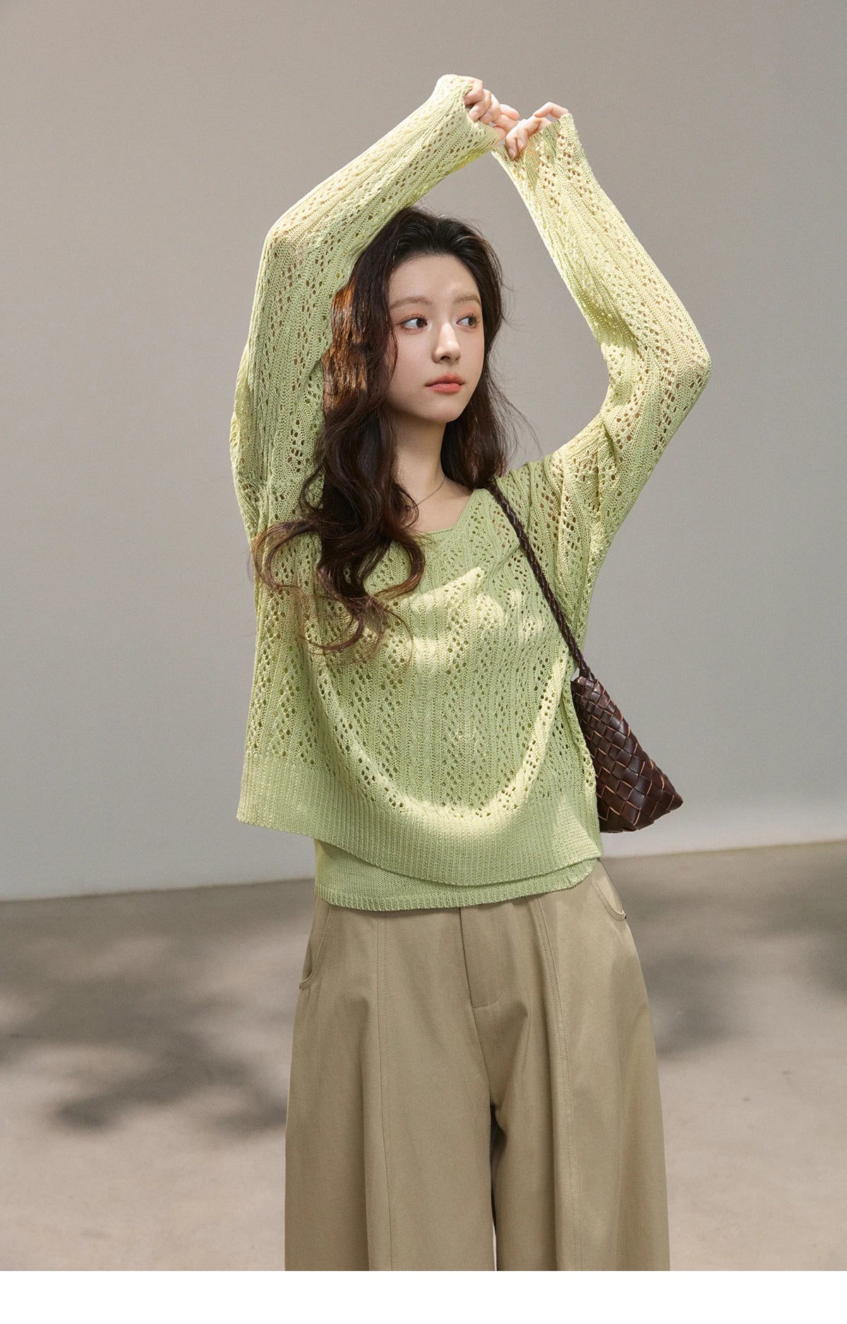 MISHOW Women's Hollow Out Cable Knit Tops with Camisole Two Piece Set Spring Loose Casual Breathable Green Sweater MXF16T1524