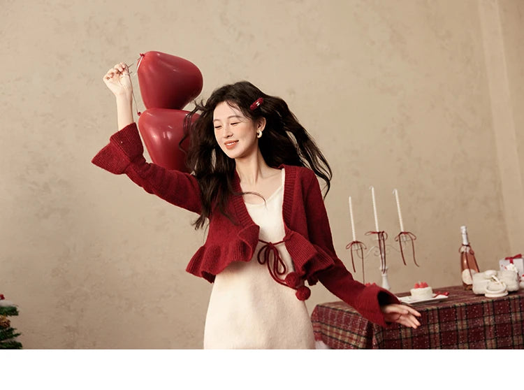 MISHOW Christmas New Year Ruffle Strap Dress Pom-Pom Lace-up Knitted Cardigan Sepertely 2024 Hem Fish Tail Dresses MXD59L2133