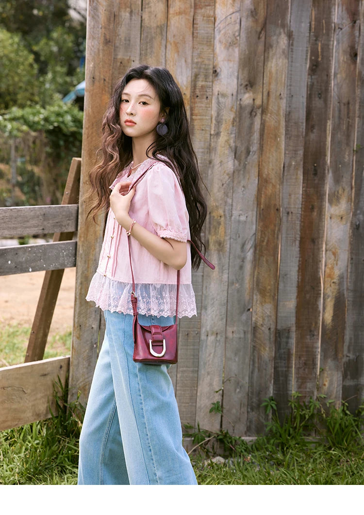 MISHOW Women's Pink Spliced Lace Round Neck Blouses 2025 Summer Lace Hem Sweet Blouse Single Row Metal Buttons Top MXE32X1768