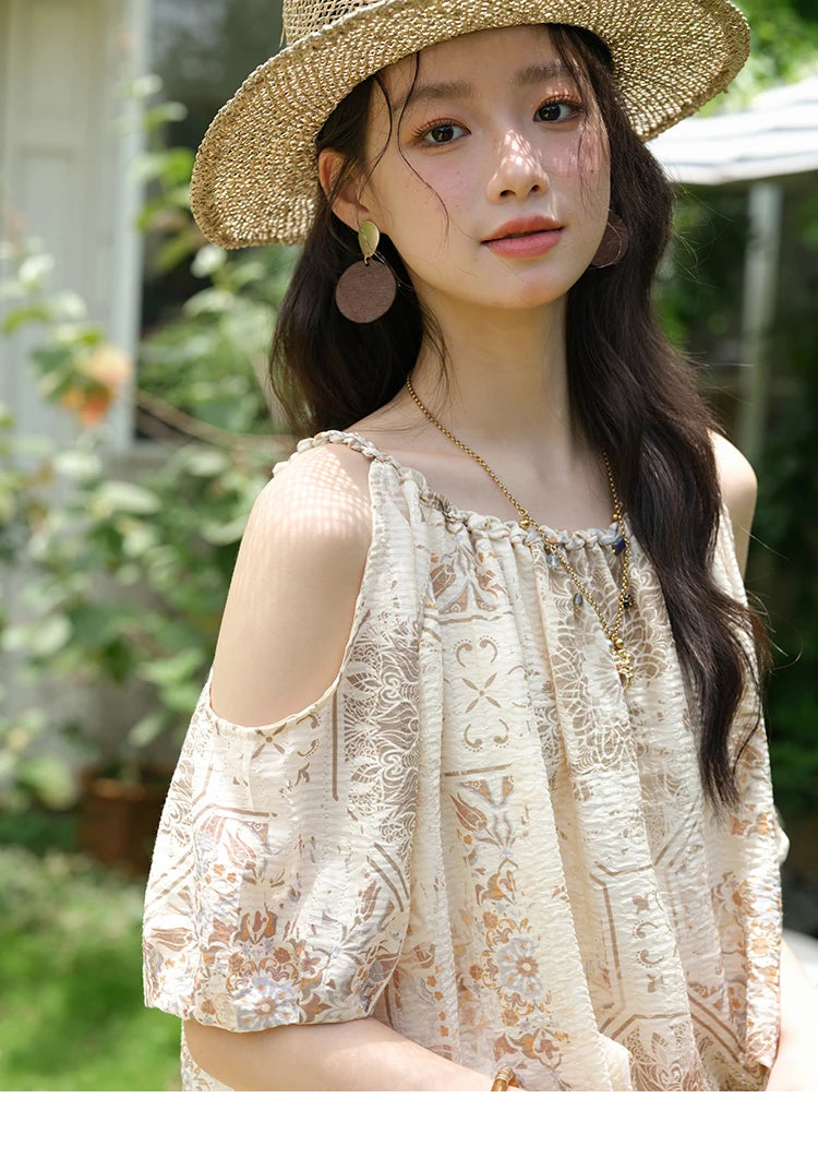 MISHOW Women's Two Piece Set 2025 Summer New Casual Bohemian Print Top Beaded Tassel Drawstring Pocket Shorts Set MXE39T0723