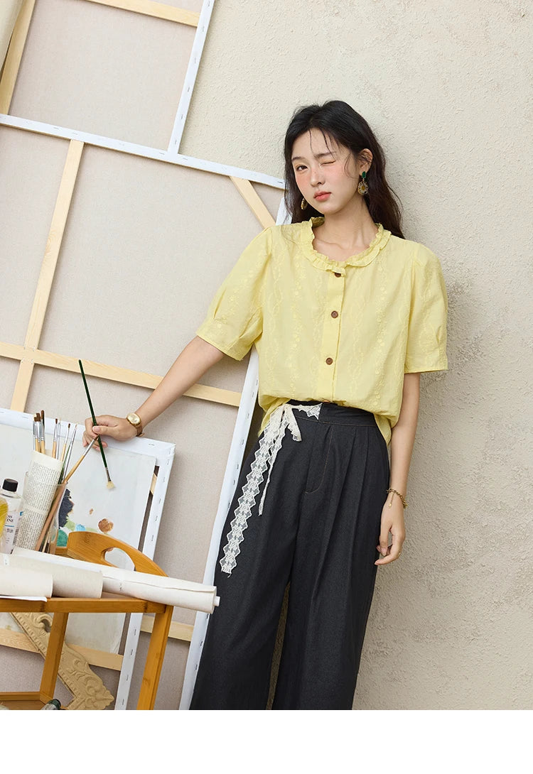 MISHOW 100% Cotton Women's Puff Sleeve Shirt 2025 Summer New Fashion Round Neck Button Top Casual Female Clothing MXE36X1873