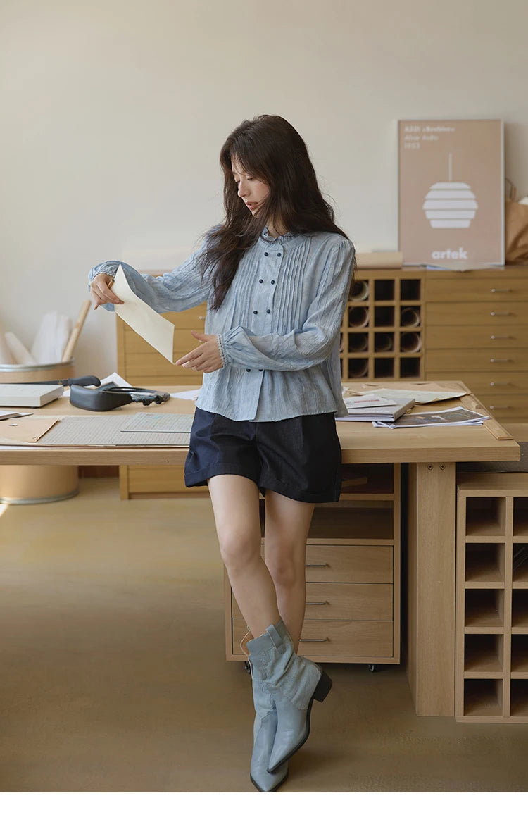 MISHOW Women's Shirt 2025 Autumn Blue Polka Dot Chiffon Loose Shirt Stand Collar Double Row Buckle Lantern Sleeve Top MXE41X1926