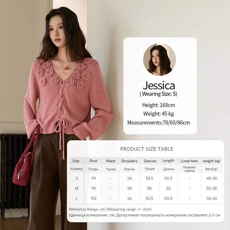 MISHOW V-Neck Sweater 2025 Autumn Winter French Loose Pink Three-Dimensional Rose Knitted Pullovers Long-sleeved Tops MXE88Z2708