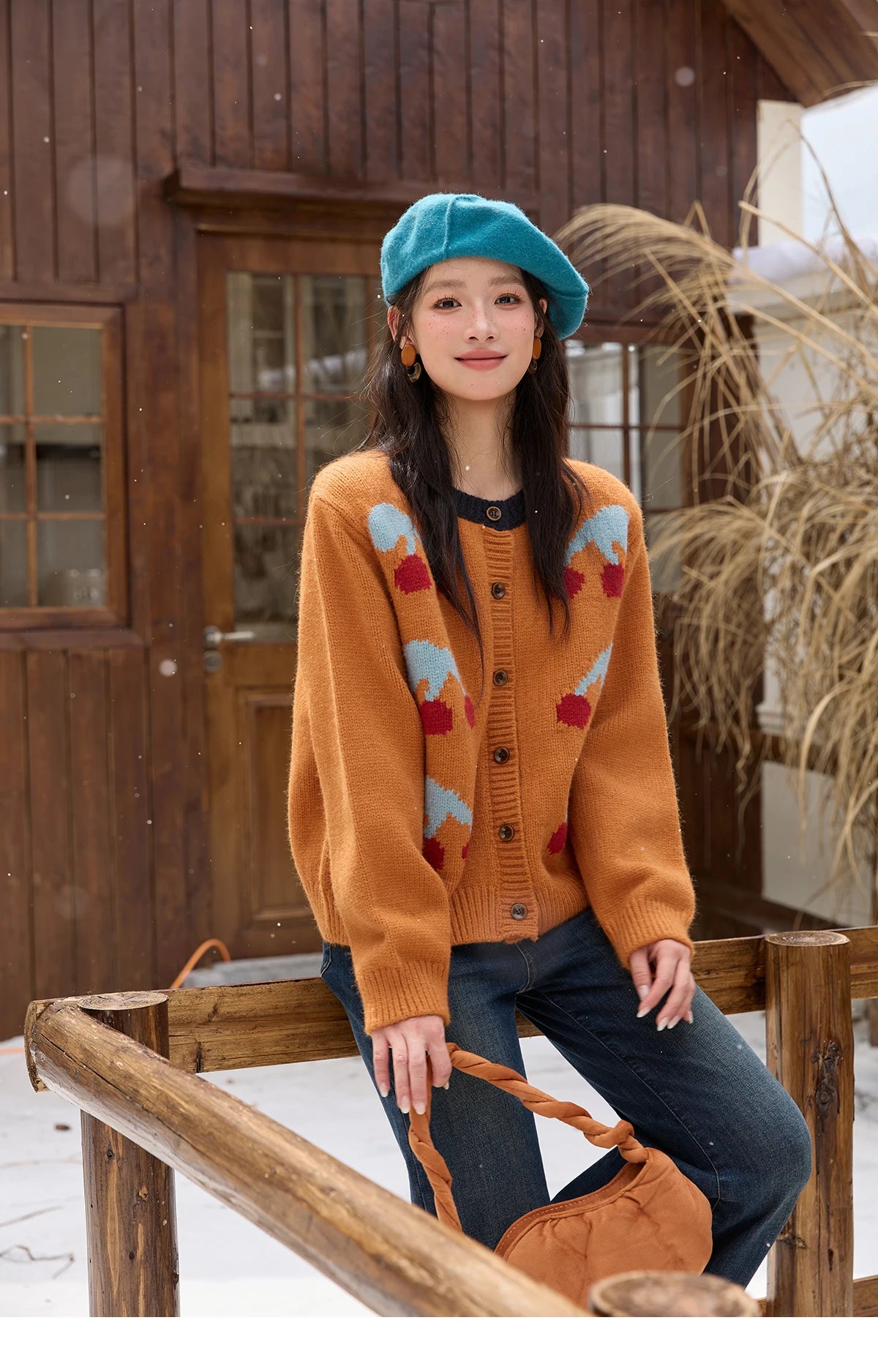 MISHOW Cherry Jacquard Knitted Cardigan for Women 2025 Winter Retro Sweet Round Neck Long Sleeves Sweater Commute Top MXE88Z2689