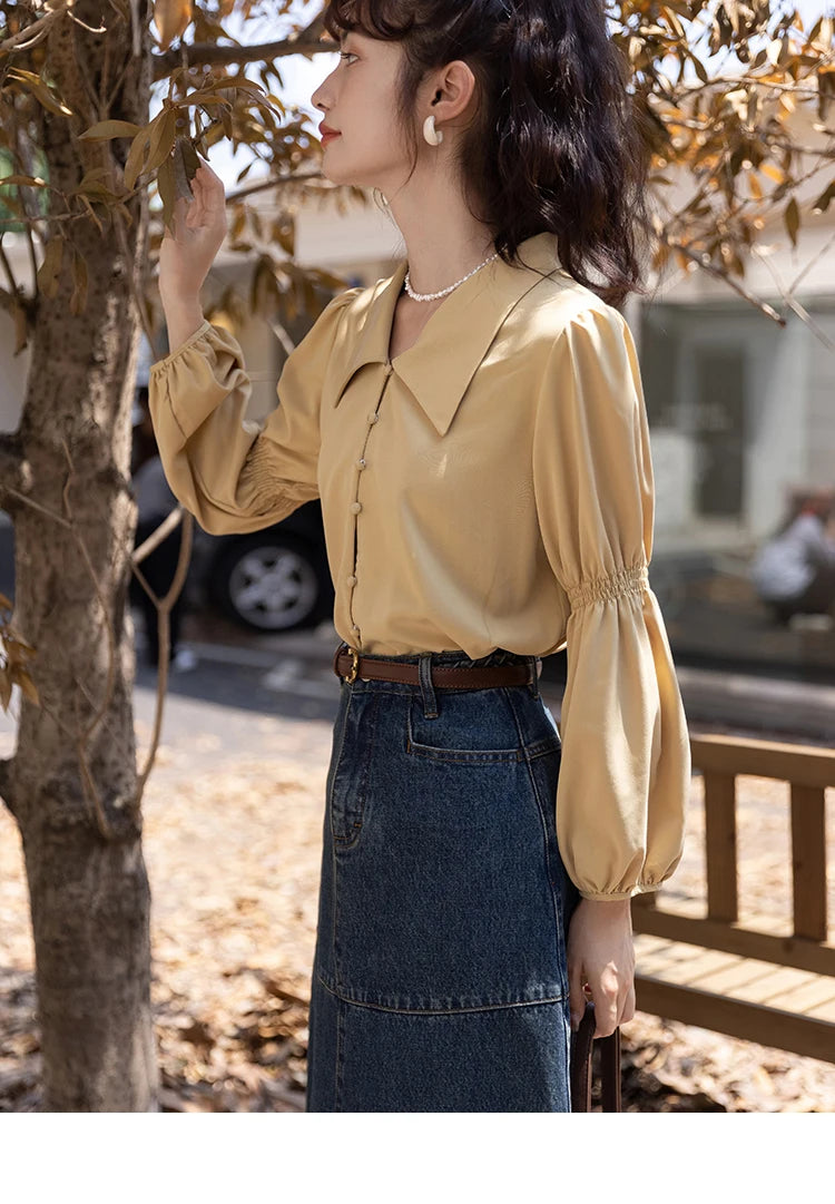 MISHOW Elegant Women's Blouse Autumn Vintage French Lantern Sleeves Turndown Collar Shirt Office Lady Female Clothing MXB32C0508