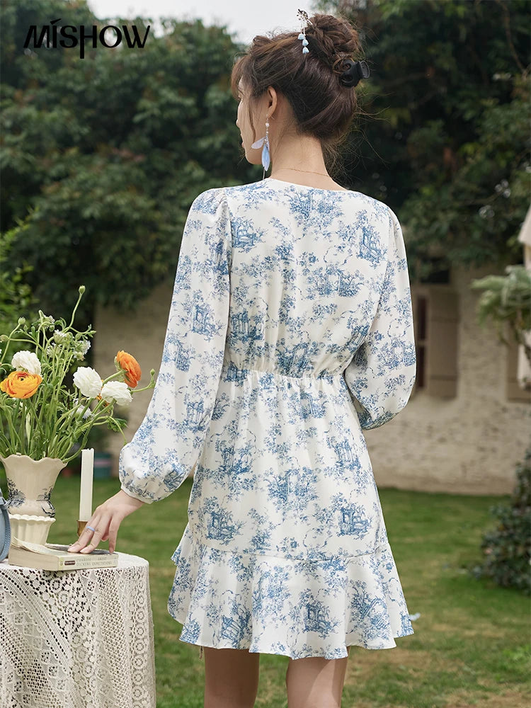 MISHOW French V-neck Chiffon Dress 2025 Spring Slim Blue and White Porcelain Printing Temperament Floral Dresses MXD15L1673