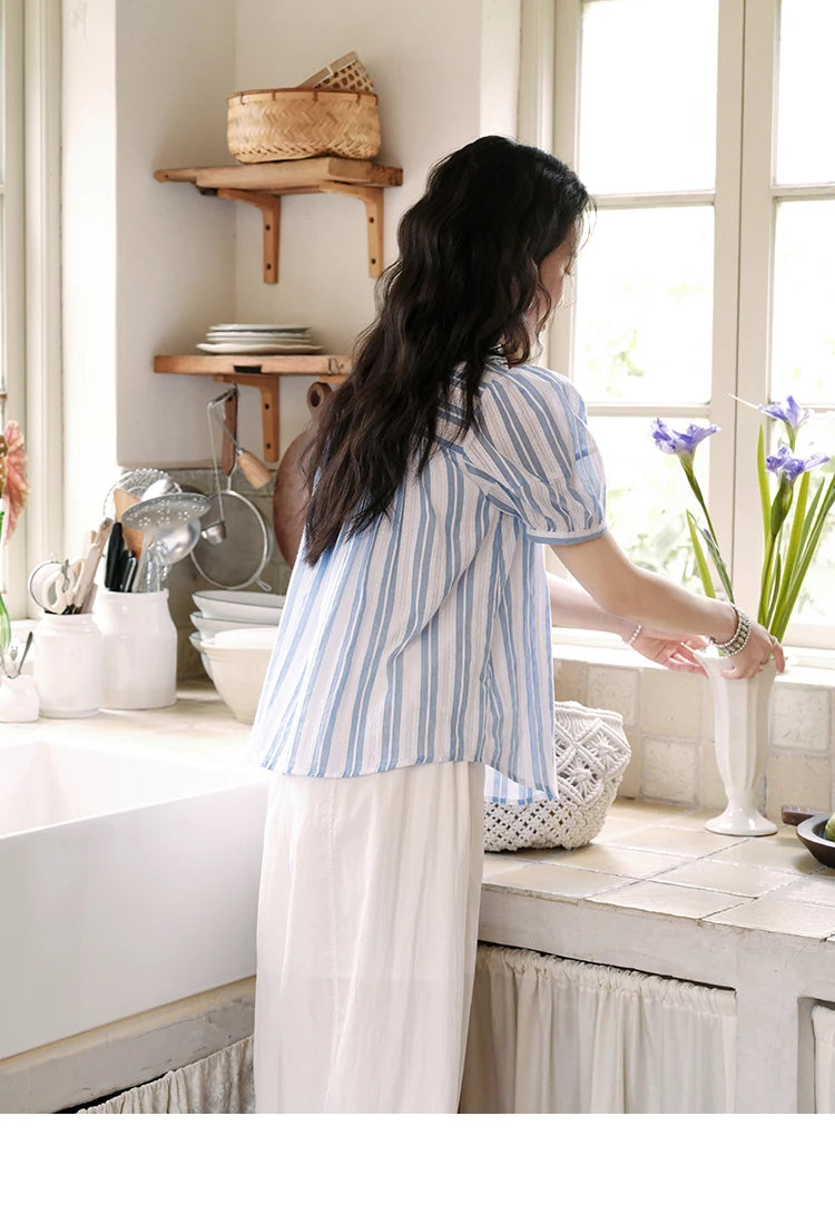 MISHOW 2025 Summer New 100% Cotton Striped Blouse Women Fashion Lantern Sleeve Lace V-neck Casual Top Ladies Clothing MXE36X1845