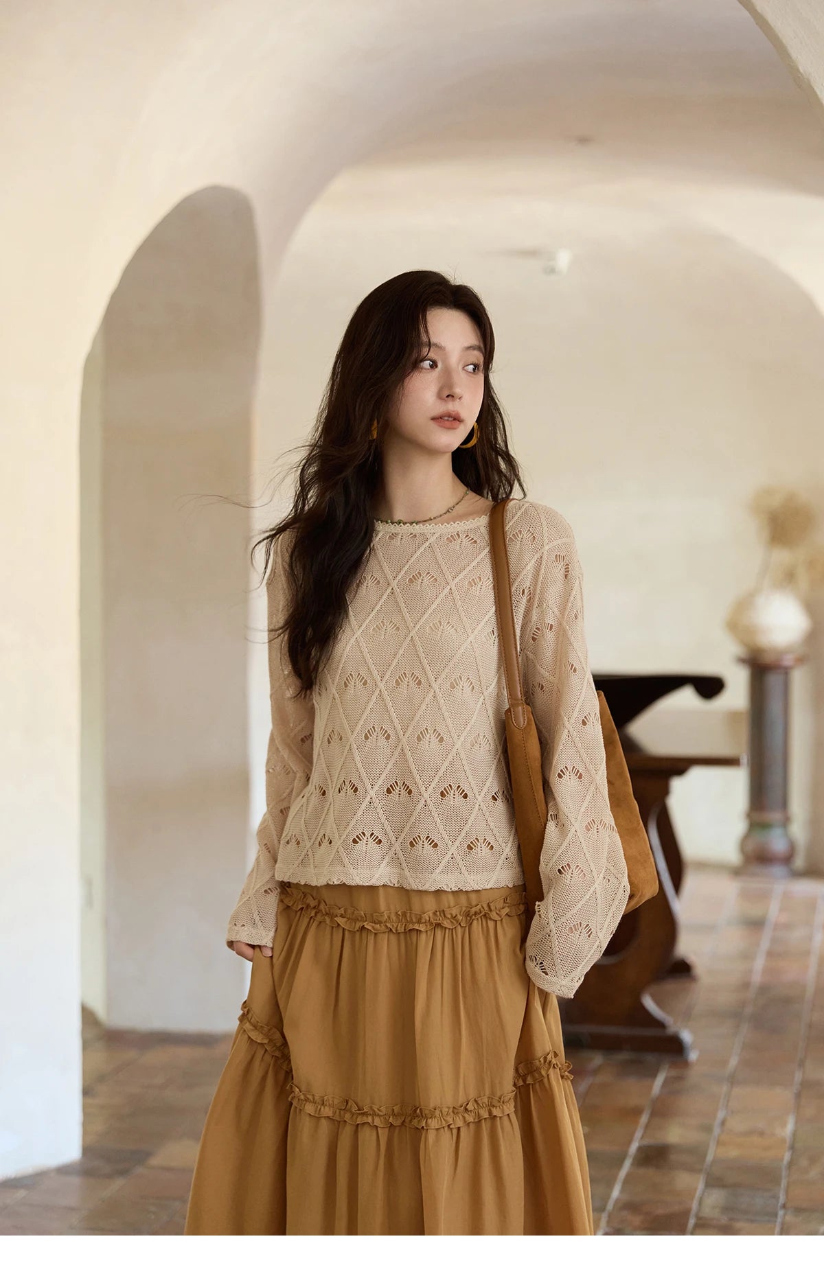 MISHOW Women's Diamond Patterned Knitted Top 2025 Autumn Bohemian Hollowed Out Thin Top Scoop Neck Knitted Sweaters MXE42Z1332