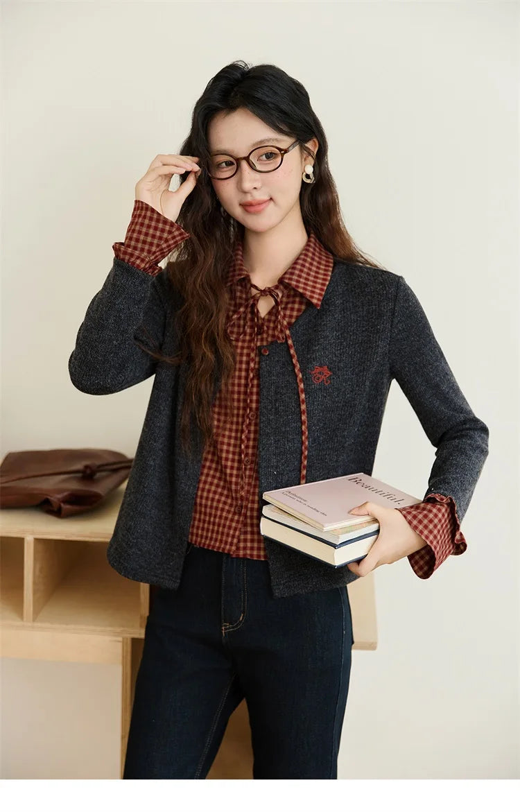 MISHOW Women's Fake Two Knitted Sweaters 2025 Autumn Plaid Splicing Embroidered Tops Retro Lapel Flare Sleeve Tops MXE45Z1401