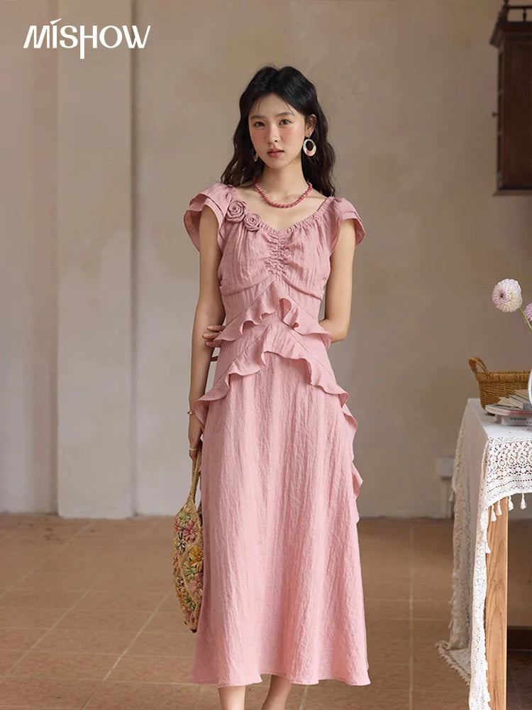 MISHOW Flower Flying Sleeve Pink Dress for Women 2025 Summer New Women's Clothing Holidays Fashion V-neck Dress MXE34L2243