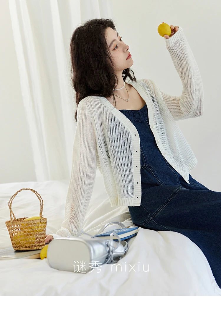 MISHOW Denim Camisole Dress Hollowed Out Cardigan Separately Spring Knitted Cardigan Lace Edge Waist Dress(Not A Set) MXE13L2094