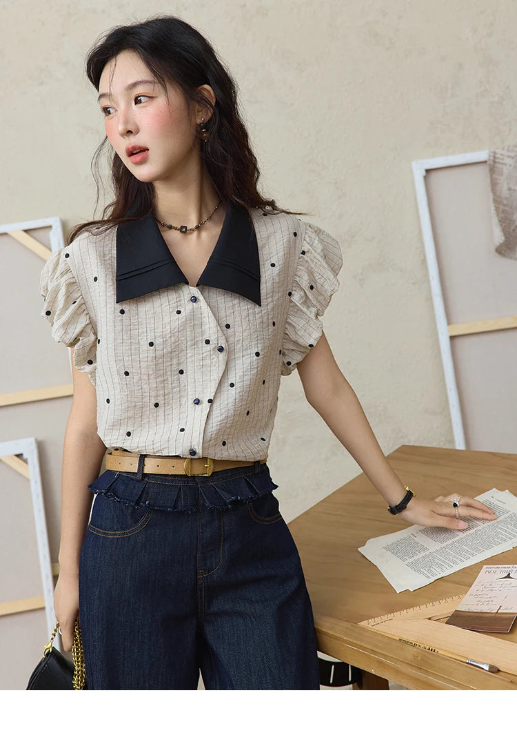 MISHOW Summer Office Lady Blouses Women 2025 Short Sleeve Turn-down Collar Polka Dot Shirts Female Fashion Slim Tops MXE31C0776