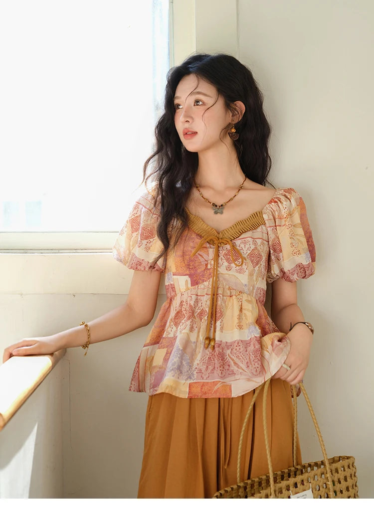 MISHOW V-neck Lace Up Patchwork Blouses for Woman 2025 Summer New Ladies Puff Sleeve Print Loose Top Female Clothing MXE38X1911