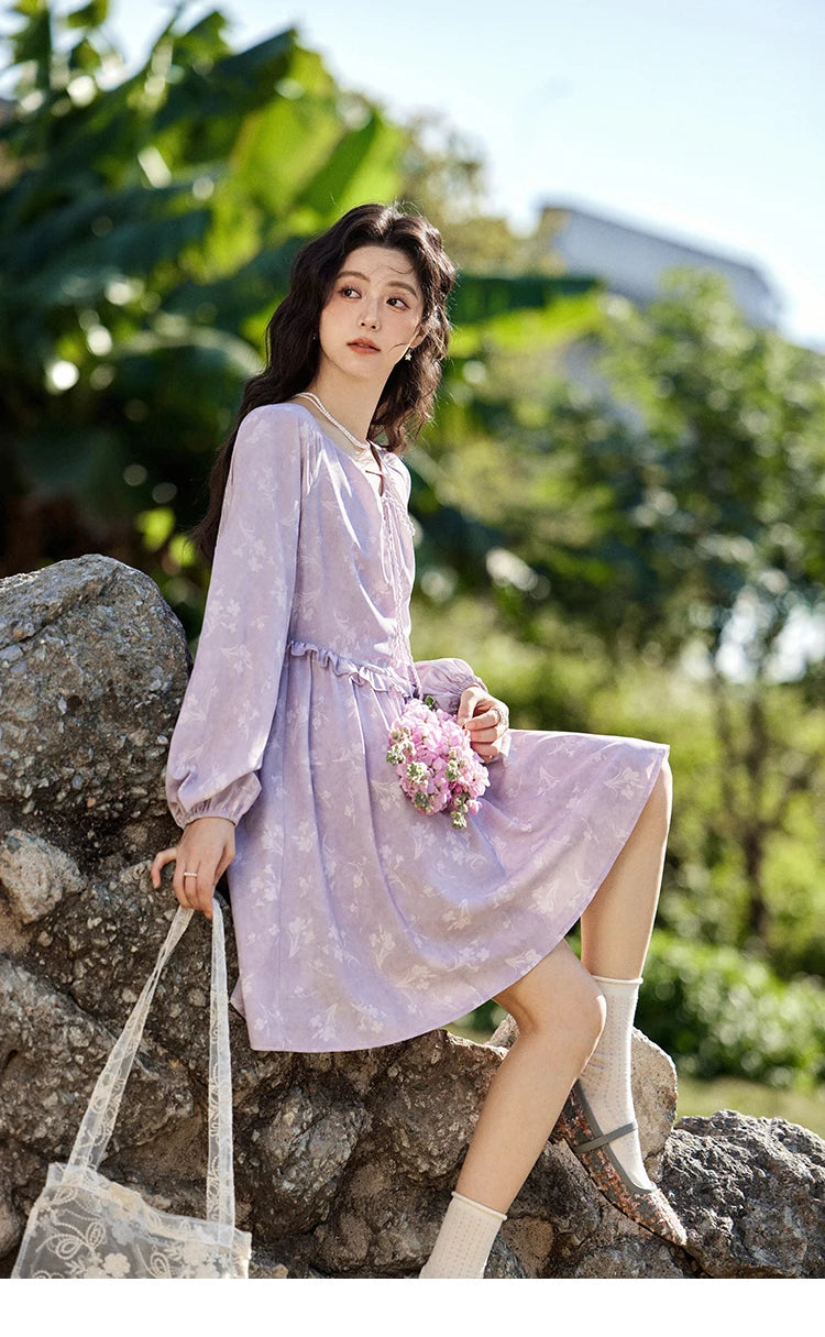MISHOW Iris Chiffon Dress for Women Spring 2025 Waist Slim Black Fungus Edge Straps Dresses Purple Floral Fairy Dress MXE13L2095