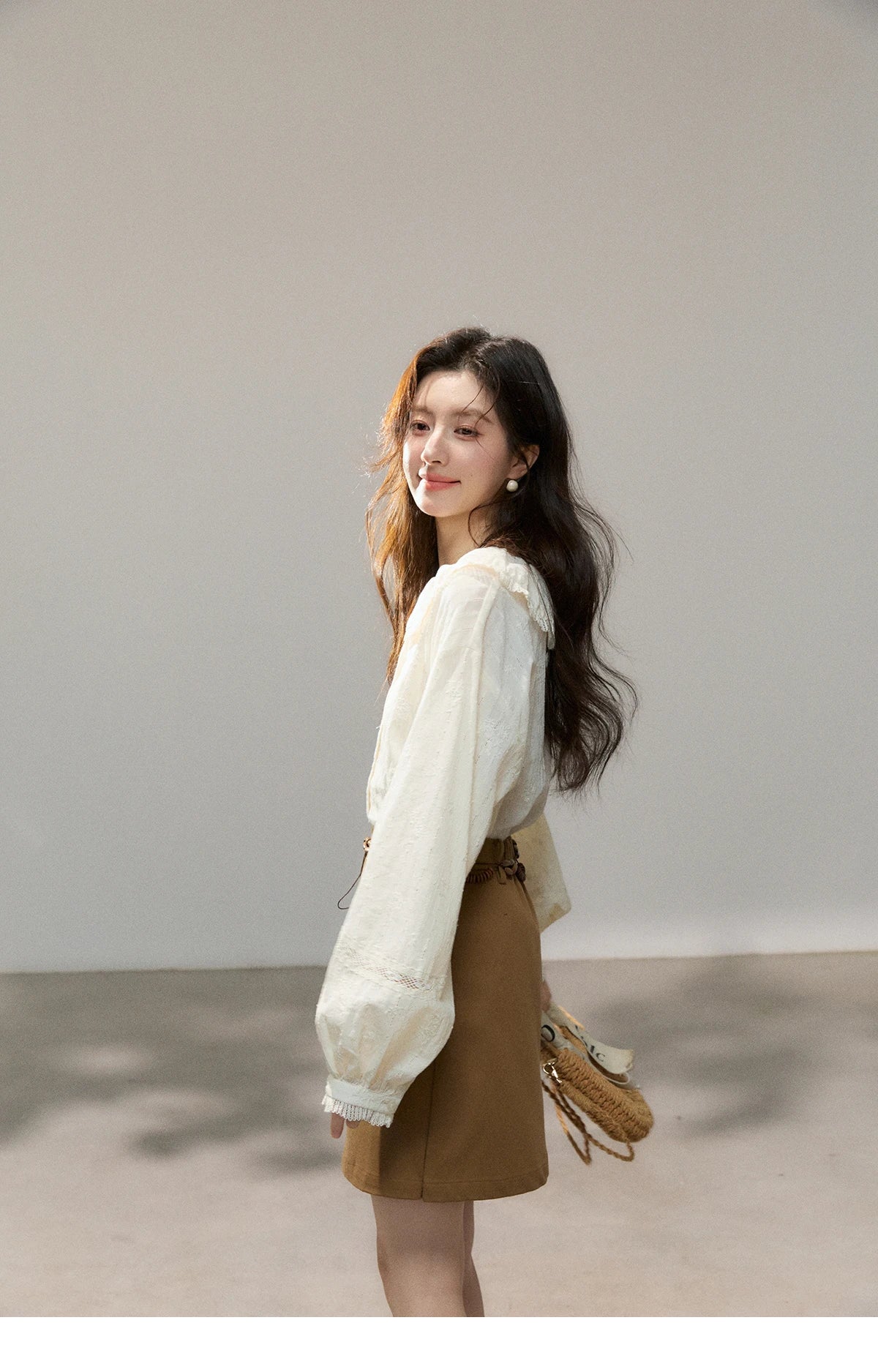 MISHOW Women's Beige Apricot Lace Shirts 2026 Spring Peter Pan Collar Micro Lantern Sleeves Top Casual Elegant Shirt MXF108C0813