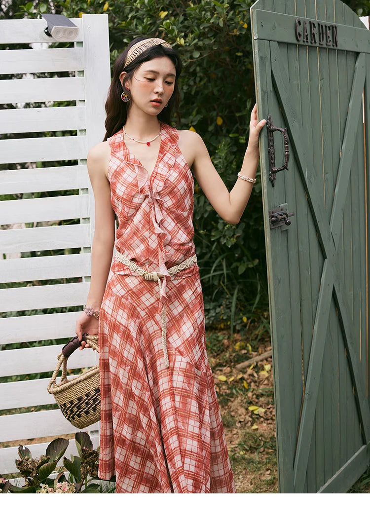 MISHOW French Retro Red Grid Hanging Neck Blouse for Women Summer 2025 Ruffled Edges Backless Blouses Vacation Top MXE34X1785