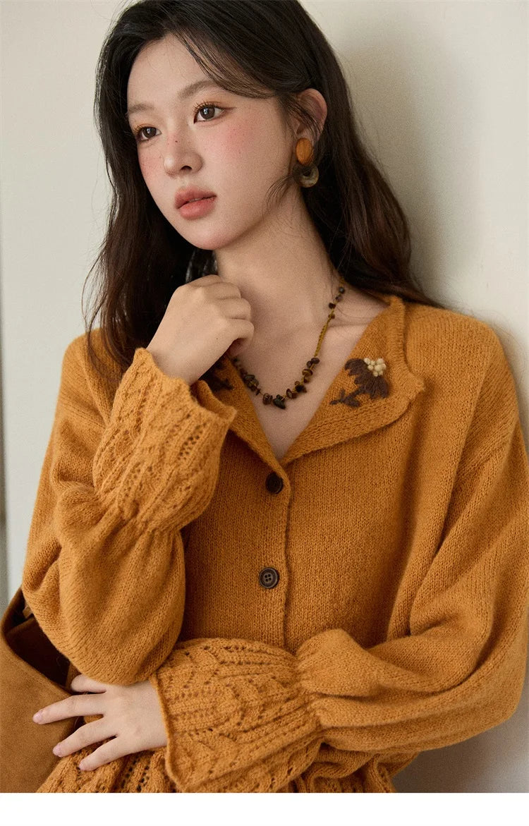 MISHOW Orange Cardigan Women 2025 Winter Retro Openwork Crochet Pattern Knit Top Loose Warm Flared Sleeves Sweater MXE87Z2685