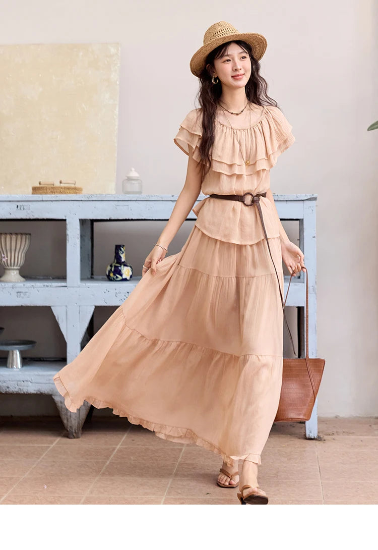 MISHOW Women Fashion Two-Piece Set 2025 Summer Loose Lotus Leaf Edge Off Shoulder Top Elastic Waist Skirt Ladies Set MXE36T0637