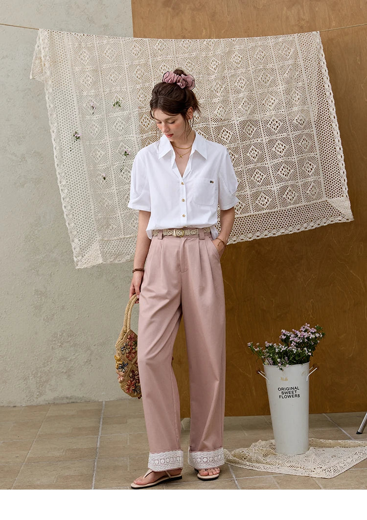 MISHOW Hem Lace Hollow Out Wide Leg Pants for Women Summer 2025 High Waist Loose Pink Pants Straight Leg Trousers MXE31K0900