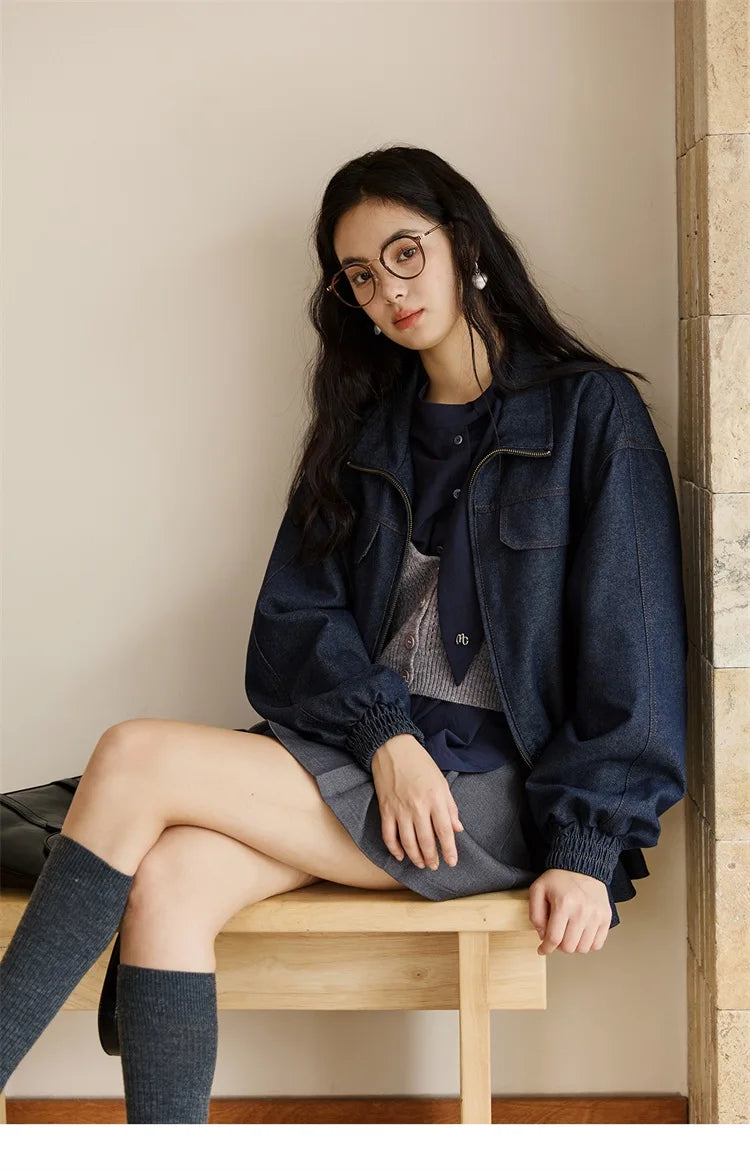 MISHOW Woman Shirt Set 2025 Autumn Fashion New Navy Blue Ribbon Design Layered Shirt Knit Camisole Two-piece Suit MXE47T1412