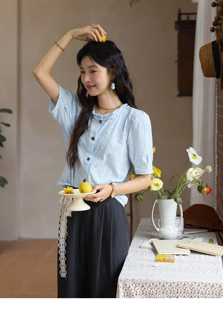 MISHOW 100% Cotton Women's Puff Sleeve Shirt 2025 Summer New Fashion Round Neck Button Top Casual Female Clothing MXE36X1873