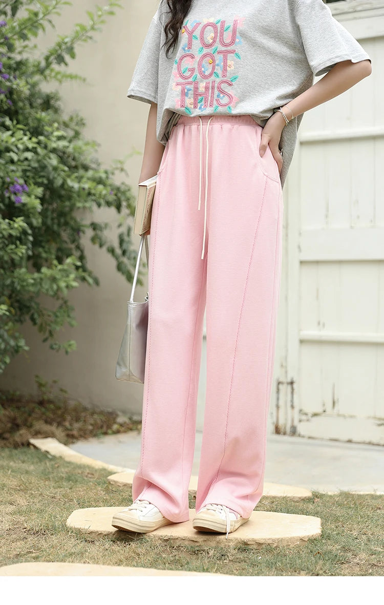 MISHOW Waffle Texture Fabric Loose Versatile Pants Summer Pocket Embroidered Elastic Waist Drawstring Casual Trouser MXD14K0608