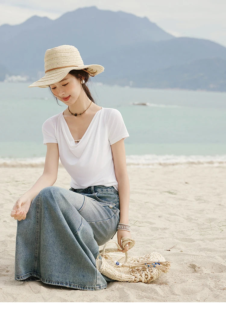 MISHOW Casual Summer Shirts Women 2025 Fashion Short Sleeve Swing Collar Solid T-shirt Female Slim Shell Ribbon Tops MXE33T0524