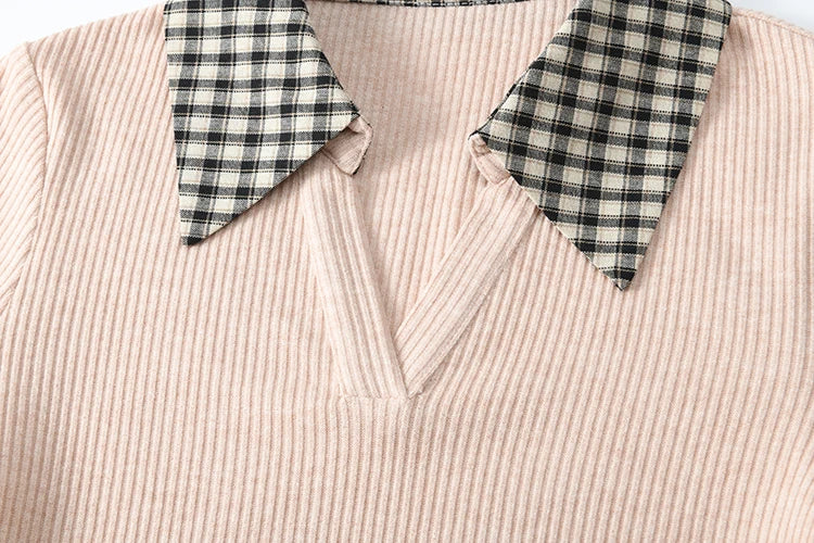 MISHOW Plaid Splicing Fake Two-piece Tops for Women Spring 2025 Contrasting Colors Slim Thin Top V-neck Casual Tees MXE13Z1108