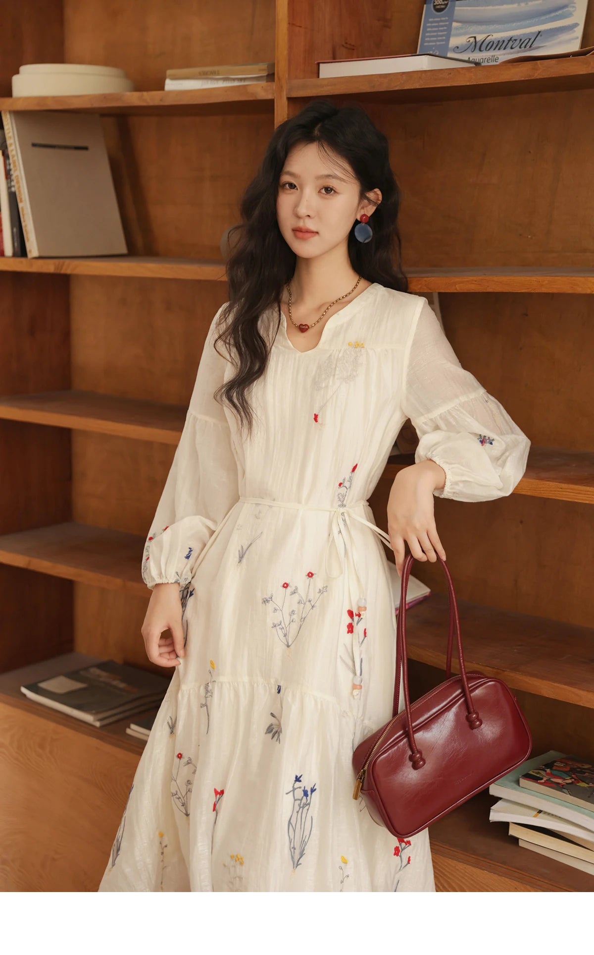 Mishow Beige Curved Collar Lantern Sleeve Tied Dress MXE41L2487