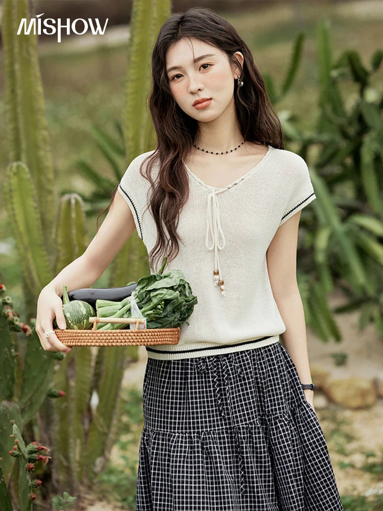MISHOW Office Lady Summer Knitted Sweater V-neck Short Sleeve Solid Slimming Bead Design Pullover Female Lazy Tops MXE33Z1227