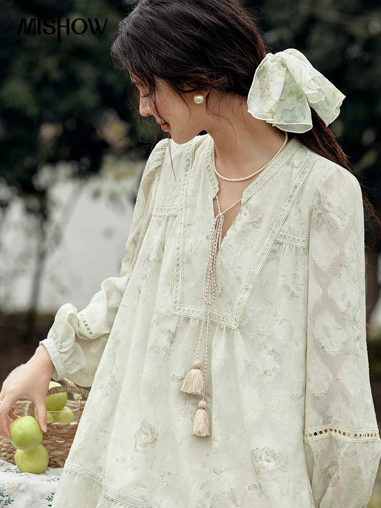 MISHOW Floral V-neck Drawn Tassels Dresses 2025 Spring Summer Hollow Out Lantern Sleeve Dresses Vacation Doll Dress MXE15L2121