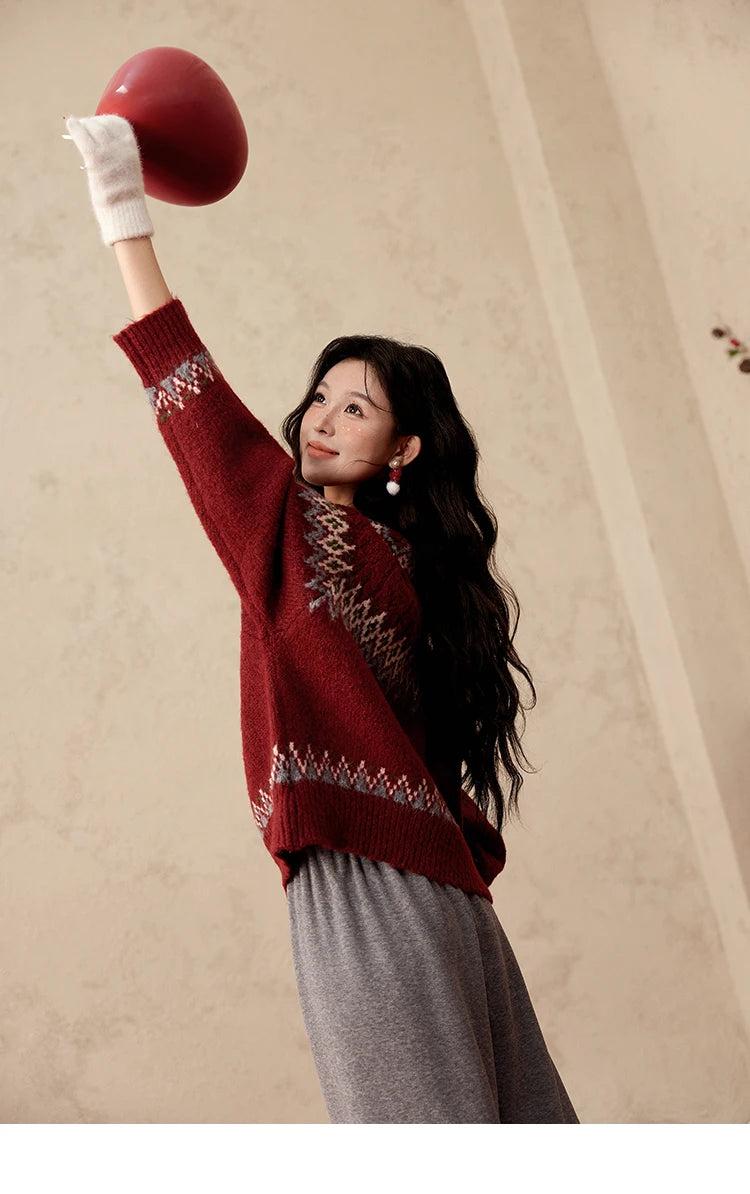 Mishow Red Fair Isle Raglan Sleeve Sweater MXD58Z1035