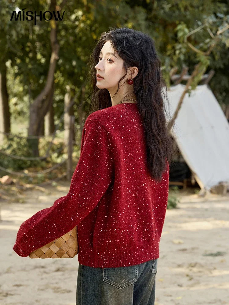 MISHOW Wool Sweater Cardigan Women 2024 Winter Fashion Vintage Smile Embroidery Sweaters Contrast Color Loose Tops MXD35Z0988