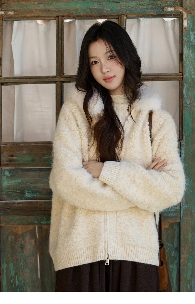 MISHOW Women's Beige White Cardigan Winter Fur Hood Zipper Warm Loose Outerwear Towel Embroidered Knitted Cardigan MXE94Z2963