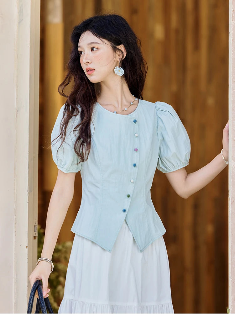 MISHOW Bubble Sleeves  Blouses for Women Summer 2025 Irregular Placket Tops Rainbow Button Solid Blouse Office Lady MXE34X1782