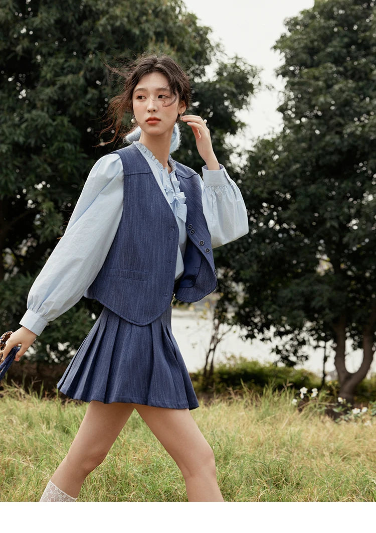 MISHOW Women's V-neck Vest Coat Pleated Skirt Set Spring 2025 Symmetric Fake Pocket Coat A-line Skirts (No with Belt) MXE31T0505