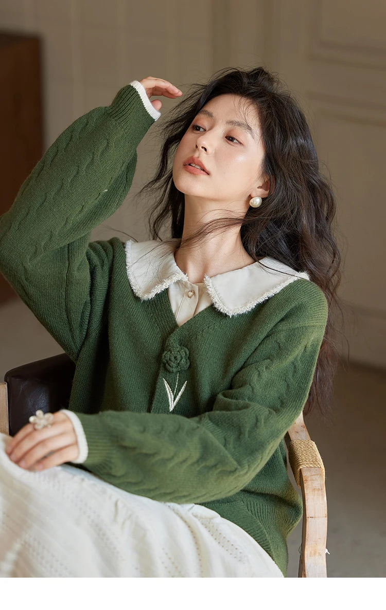 MISHOW Cardigan V-neck Women Three-Dimensional Flowers 2024 Fall Gentle Soft Knitted Sweaters Women Short Tops MXD36Z0894