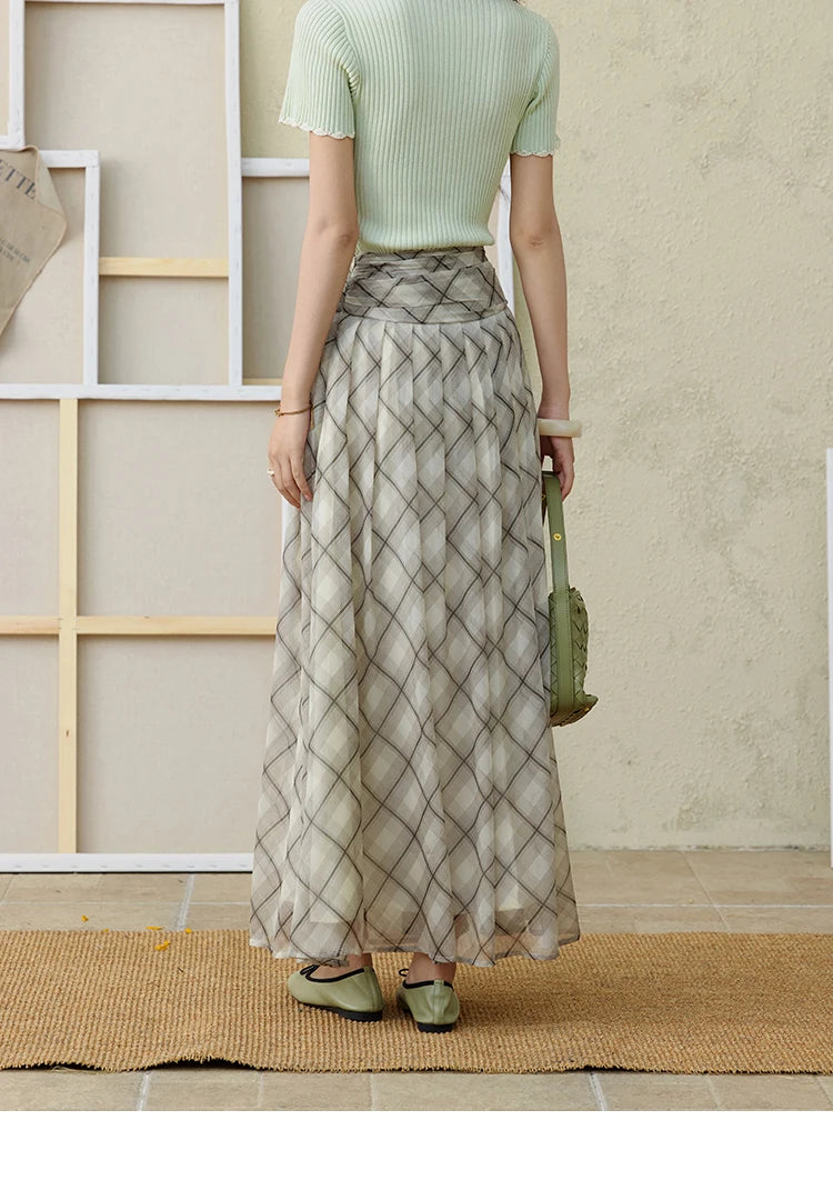 MISHOW Apricot Green Retro Plaid Skirt for Women Summer 2025 Pleated Chiffon High Waist Elegant Slim A-line Skirts MXE35B0747