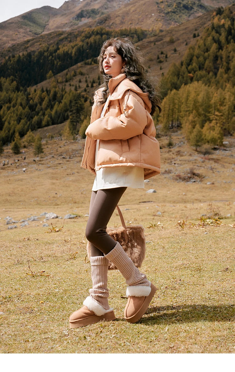 MISHOW Women's Winter Down Jacket 2023 Hooded Short White Duck Down Coats Imitation Protein Leather Puffer Jackets MXC52Y0008