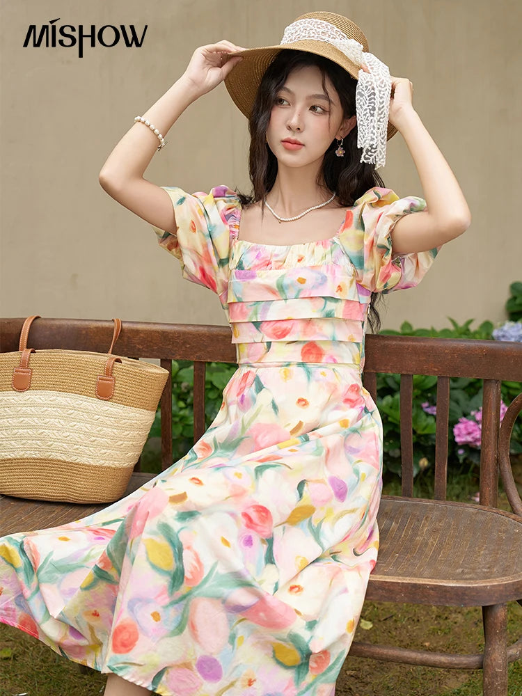 MISHOW French Tulip Fragmented Flower Dresses for Women 2024 Summer Beach Vacation Puff Sleeve Sweet Elegant Dresses MXD28L1896
