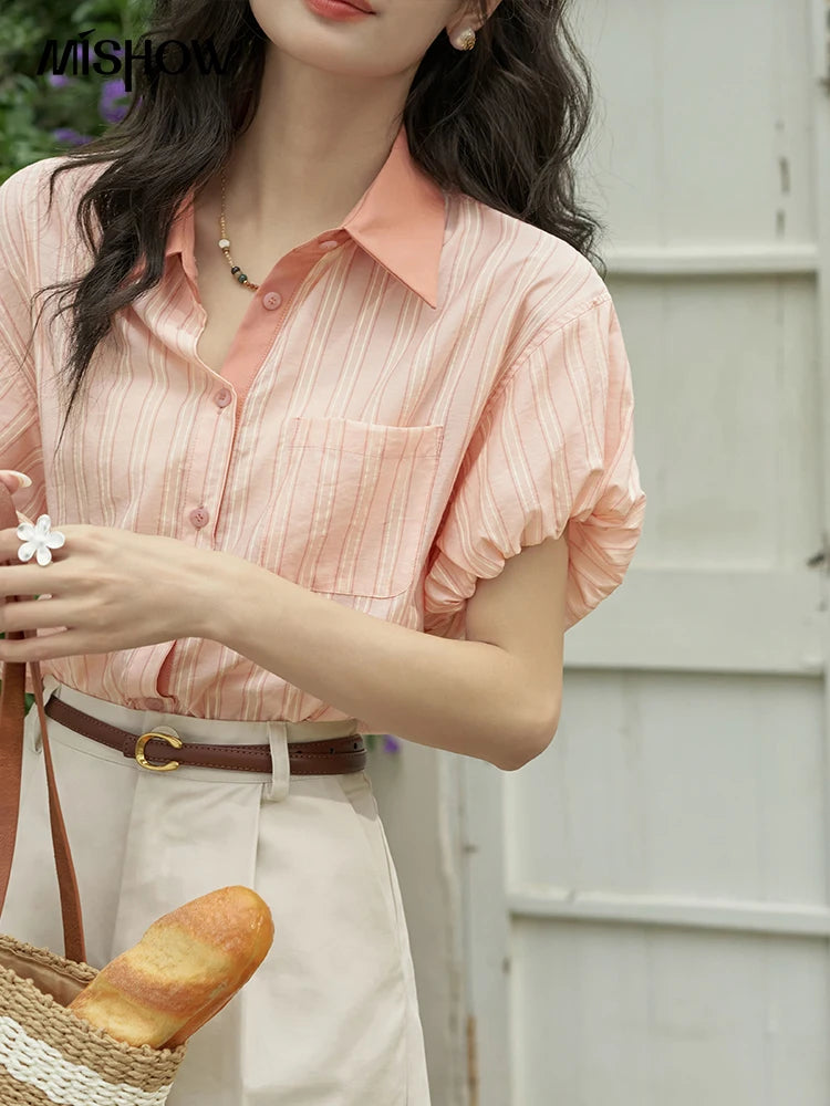 MISHOW Women's Hong Kong Retro Pink Striped Shirt 2024 Summer Short Sleeve Bubble Sleeve Single Breasted Lapel Top MXD28C0250